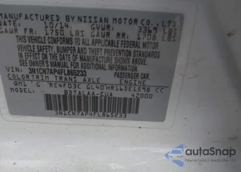 2015 Nissan Versa 1.6 S из США, поврежденный, VIN 3N1CN7AP4FL865233